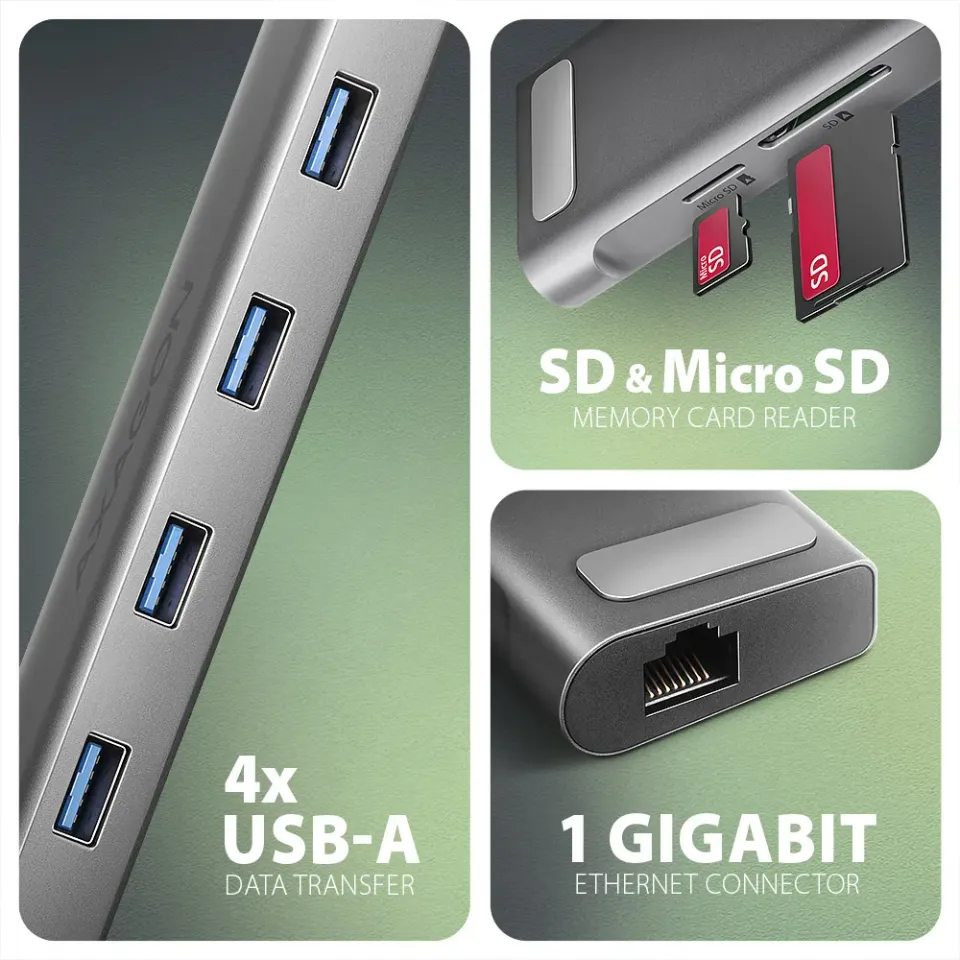 AXAGON HMC-10HLS, USB 5Gbps hub, 4x USB-A, USB-C, HDMI 4k/60Hz, PD 100W, kabel U