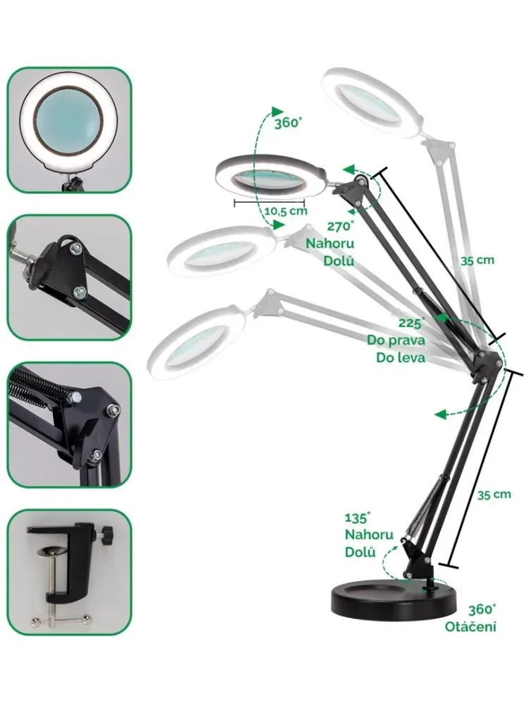 IMMAX LED stolní lampička ZOOM/ s lupou/ 12W/ 5V/2A/ 1200 lm/ stmívatelná/ černá