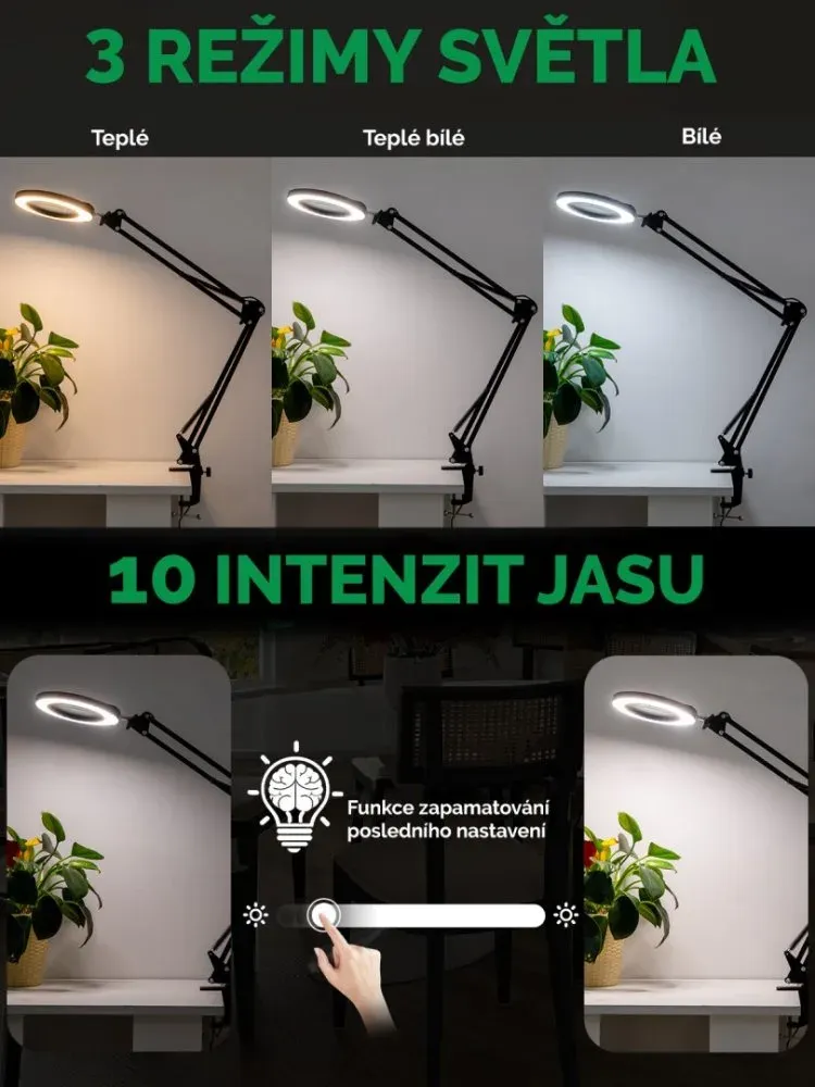 IMMAX LED stolní lampička ZOOM/ s lupou/ 12W/ 5V/2A/ 1200 lm/ stmívatelná/ černá