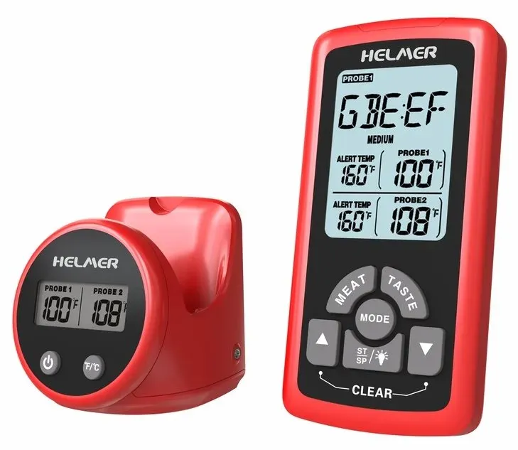 HELMER bezdrátový kuchyňský teploměr se dvěma sondami TM 26/ LCD displej/ - 50 až 300 °C/ červený