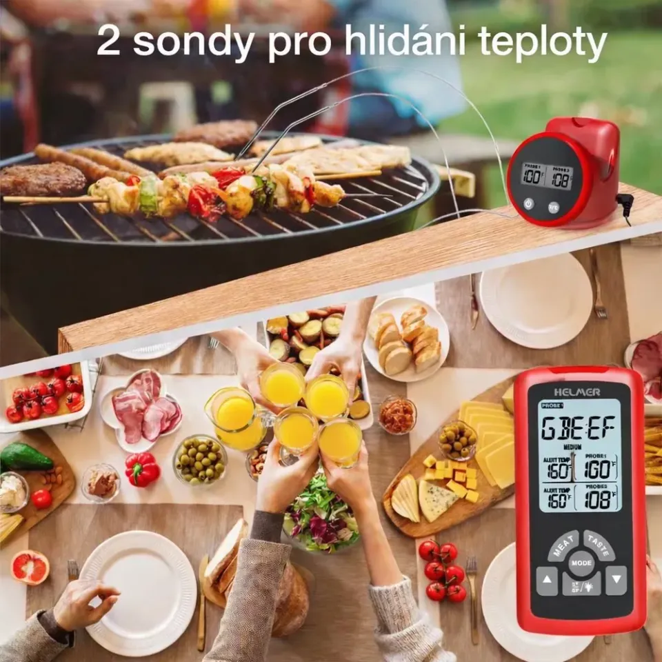 HELMER bezdrátový kuchyňský teploměr se dvěma sondami TM 26/ LCD displej/ - 50 až 300 °C/ červený