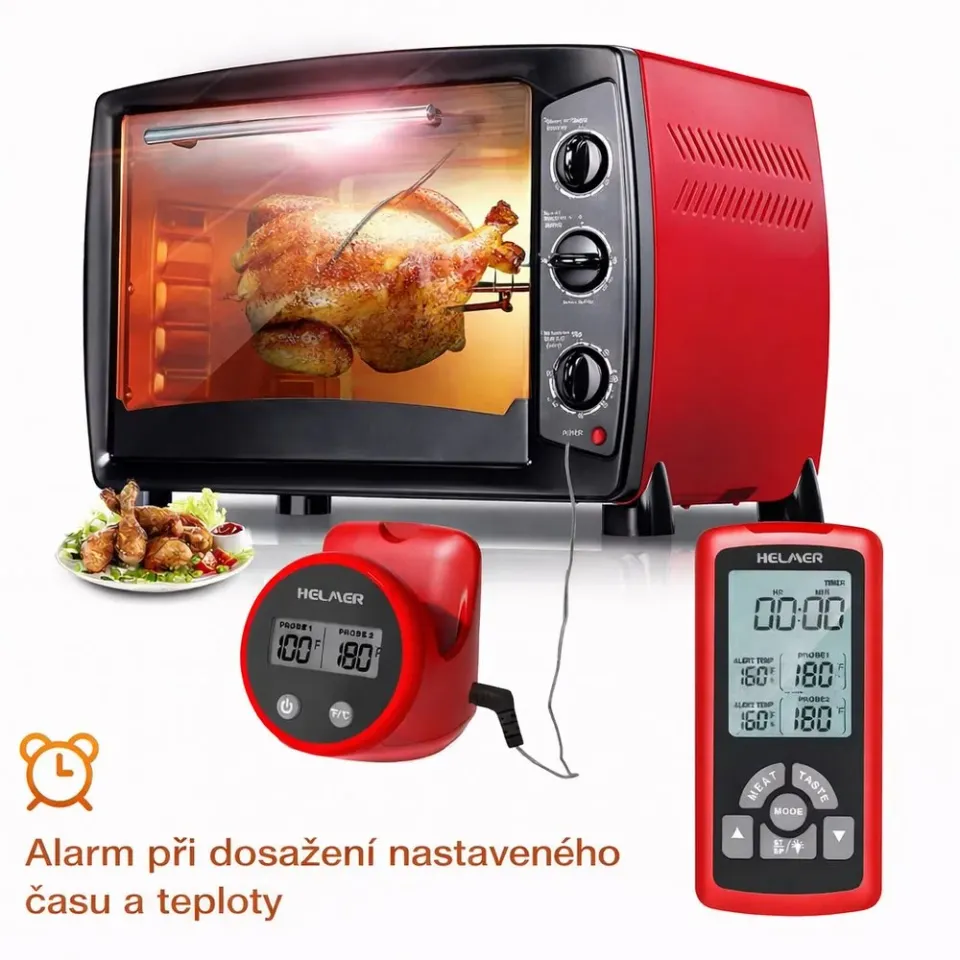 HELMER bezdrátový kuchyňský teploměr se dvěma sondami TM 26/ LCD displej/ - 50 až 300 °C/ červený