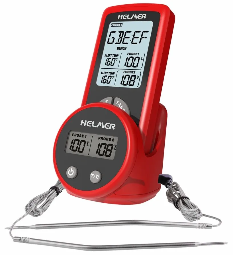 HELMER bezdrátový kuchyňský teploměr se dvěma sondami TM 26/ LCD displej/ - 50 až 300 °C/ červený