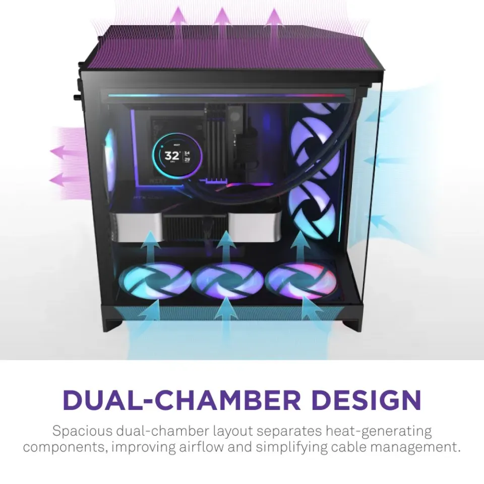 NZXT skříň H9 Flow RGB+ dvoukomorová ATX / 2x140 mm RGB fan / 1x120 RGB fan / prosklená / controller / černá