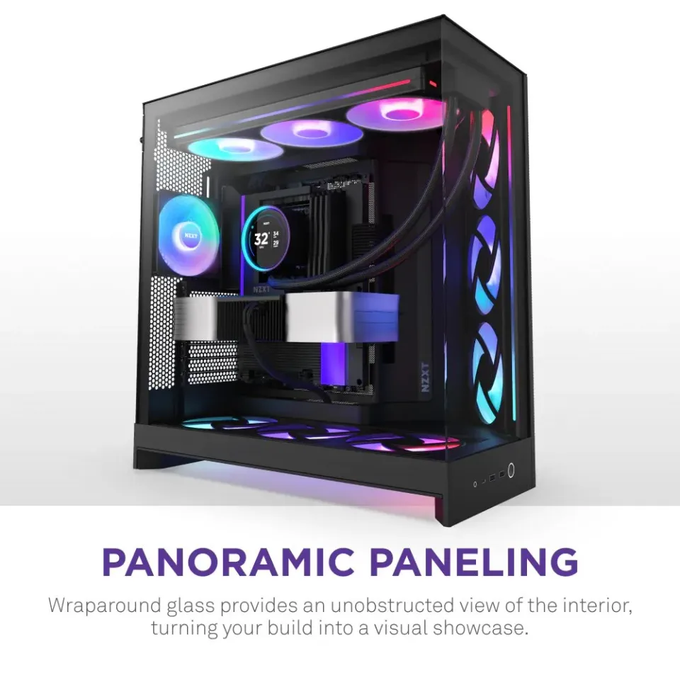 NZXT skříň H9 Flow RGB+ dvoukomorová ATX / 2x140 mm RGB fan / 1x120 RGB fan / prosklená / controller / černá