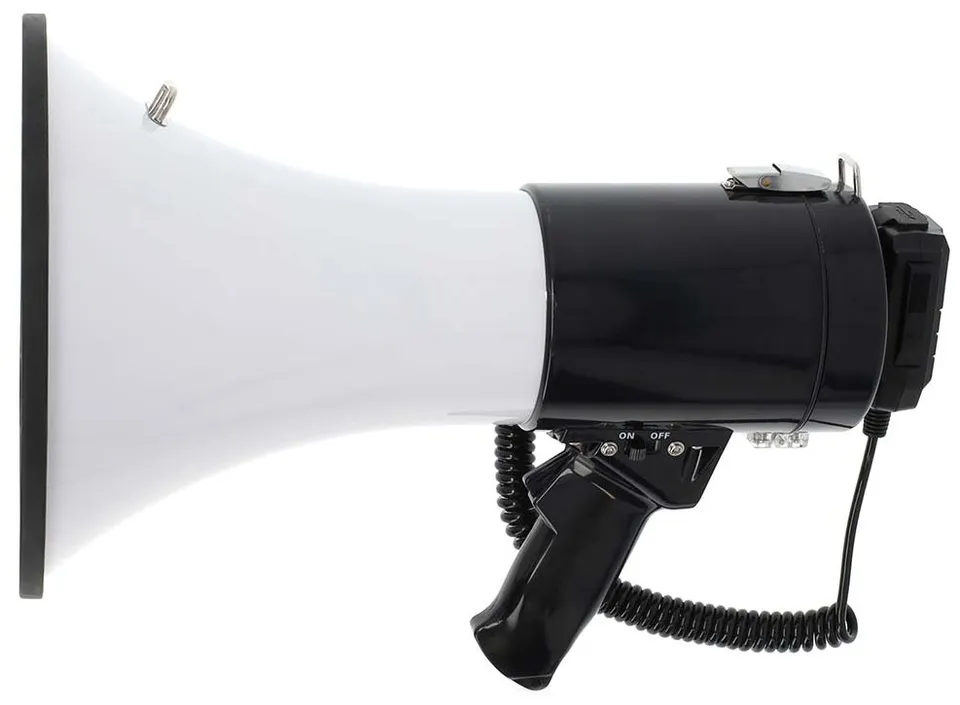 NEDIS megafon/ BT/ rozsah 1500m/ hlasitost 120dB/ odnímatelný mikrofon/ vestavěná siréna/ ramenní popruh/ černo-bílý
