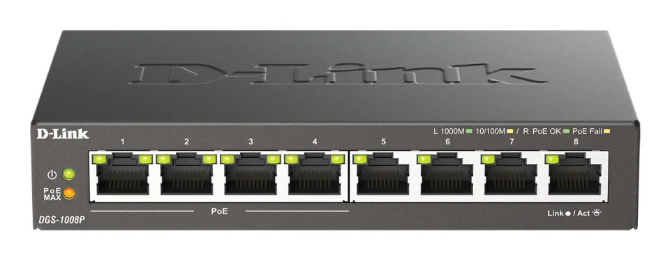 D-Link DGS-1008P 8-port Gigabit Desktop Switch, 4 porty jsou PoE+, PoE budget 68W