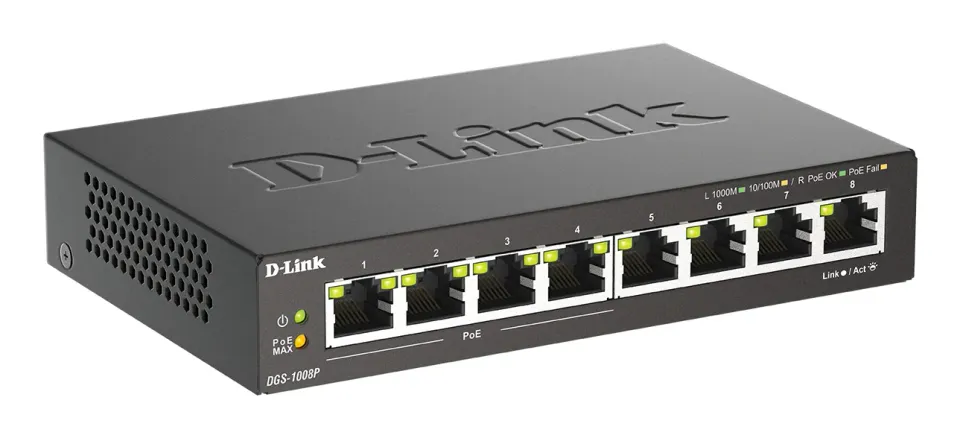 D-Link DGS-1008P 8-port Gigabit Desktop Switch, 4 porty jsou PoE+, PoE budget 68W