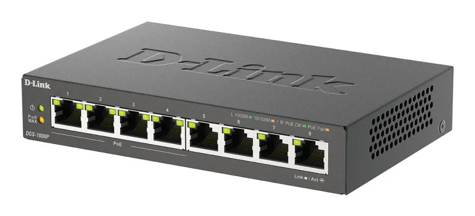 D-Link DGS-1008P 8-port Gigabit Desktop Switch, 4 porty jsou PoE+, PoE budget 68W