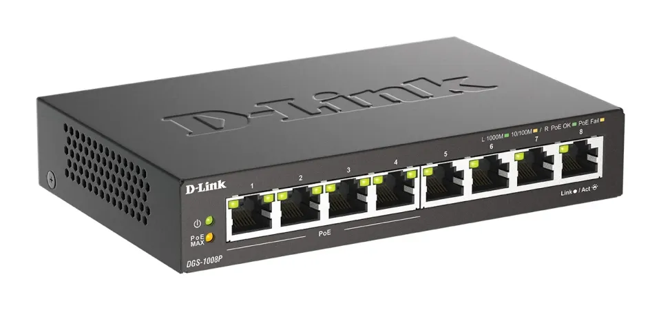 D-Link DGS-1008P 8-port Gigabit Desktop Switch, 4 porty jsou PoE+, PoE budget 68W