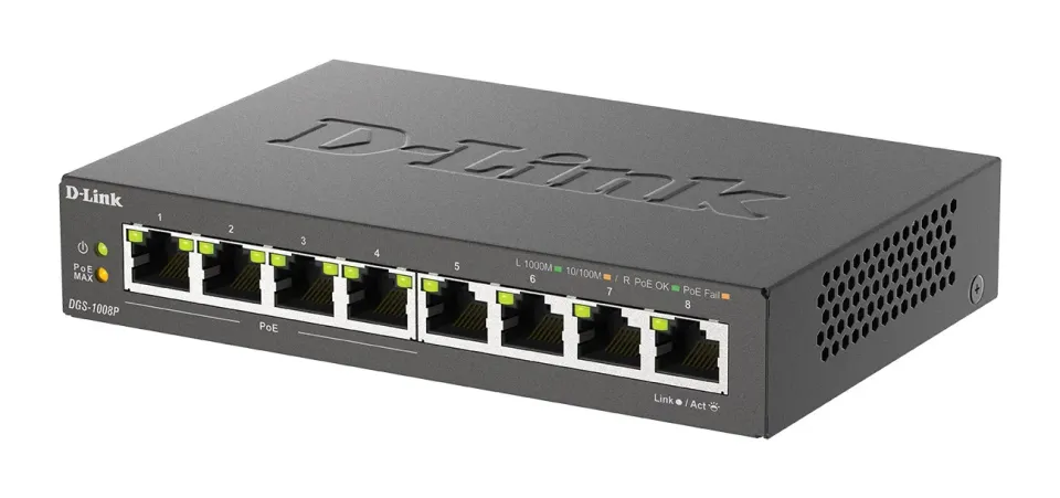 D-Link DGS-1008P 8-port Gigabit Desktop Switch, 4 porty jsou PoE+, PoE budget 68W