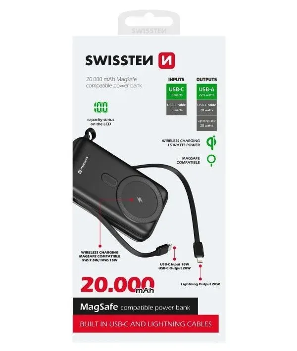 Swissten power bank 20000 mah pd 20w s integrovanými kabely usb-c a lightning (kompatibilní s magsafe)