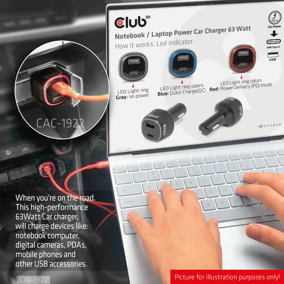 Club3D Auto nabíječka pro Notebooky 63W, 2 porty (USB-A + USB-C)