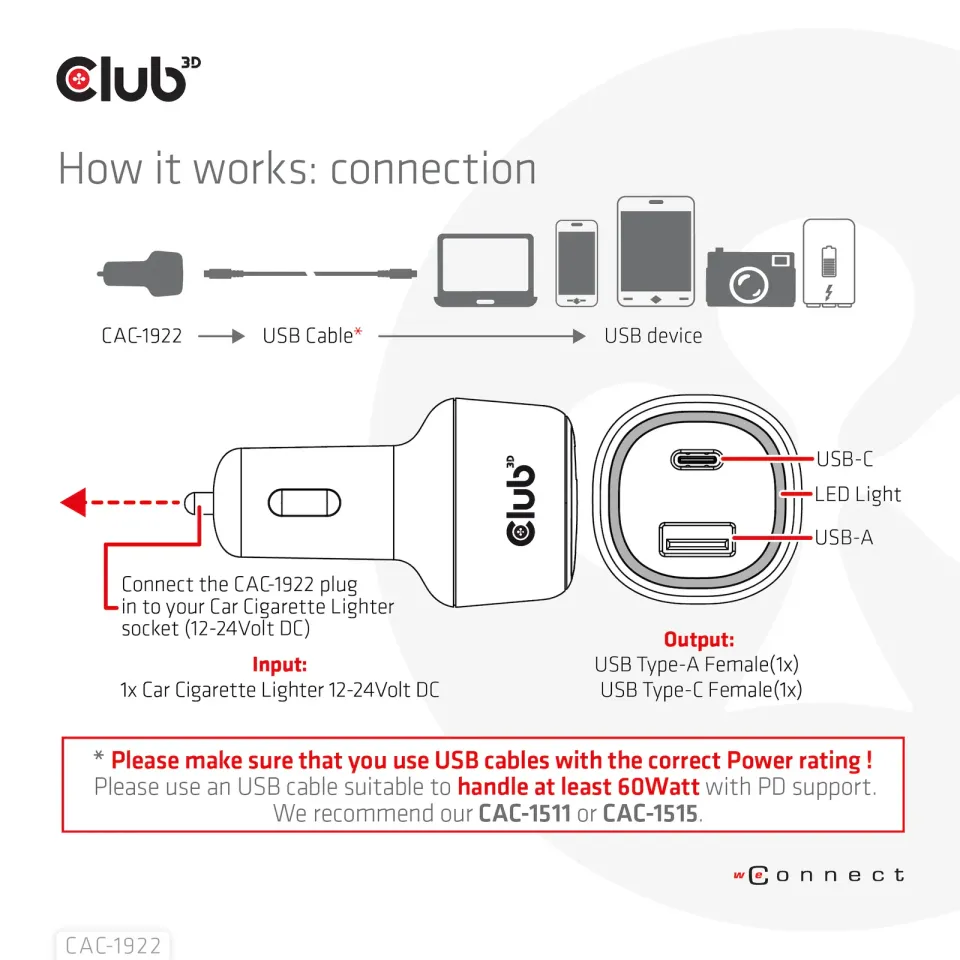 Club3D Auto nabíječka pro Notebooky 63W, 2 porty (USB-A + USB-C)