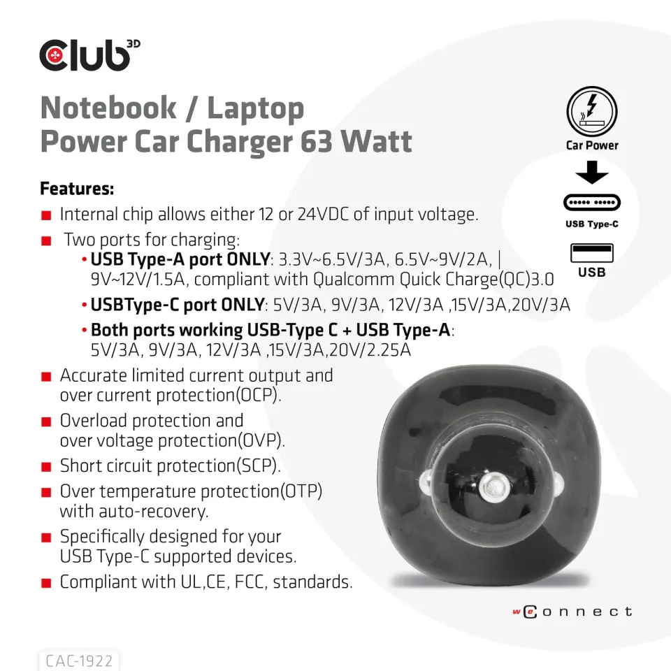 Club3D Auto nabíječka pro Notebooky 63W, 2 porty (USB-A + USB-C)