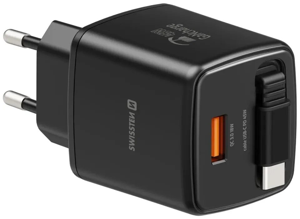 Swissten Síťový Adaptér Slidecharge GaN 45W, 1x USB-A 18W Se Zatahovacím USB-C Kabelem 0,75m Černý