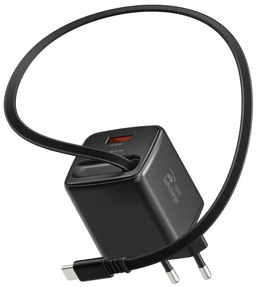Swissten Síťový Adaptér Slidecharge GaN 45W, 1x USB-A 18W Se Zatahovacím USB-C Kabelem 0,75m Černý