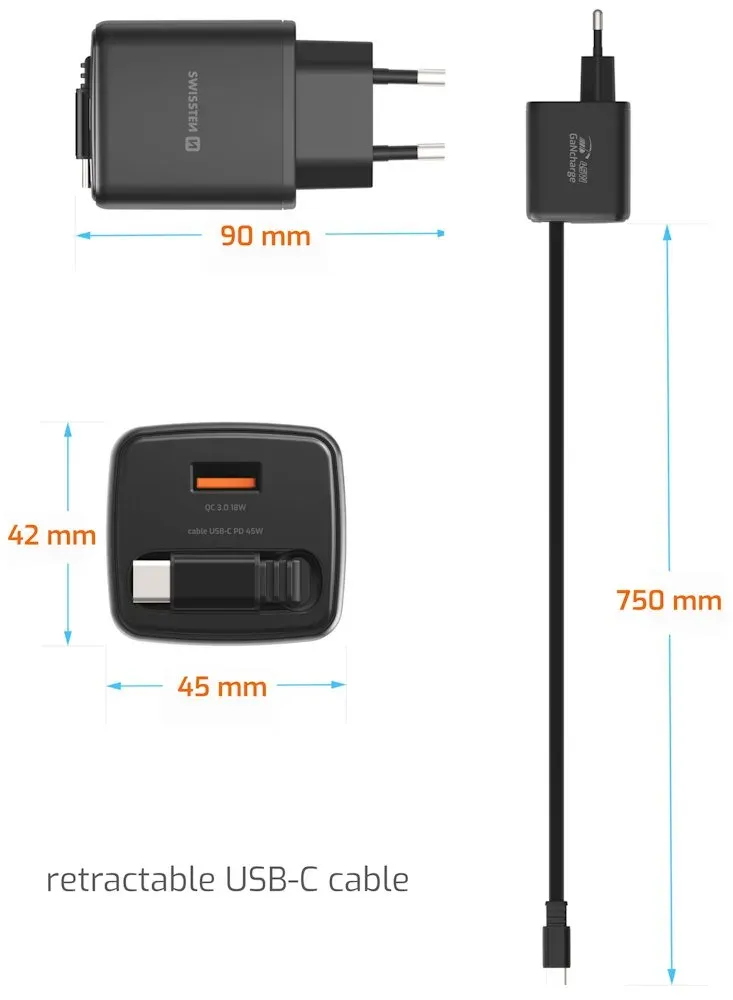 Swissten Síťový Adaptér Slidecharge GaN 45W, 1x USB-A 18W Se Zatahovacím USB-C Kabelem 0,75m Černý