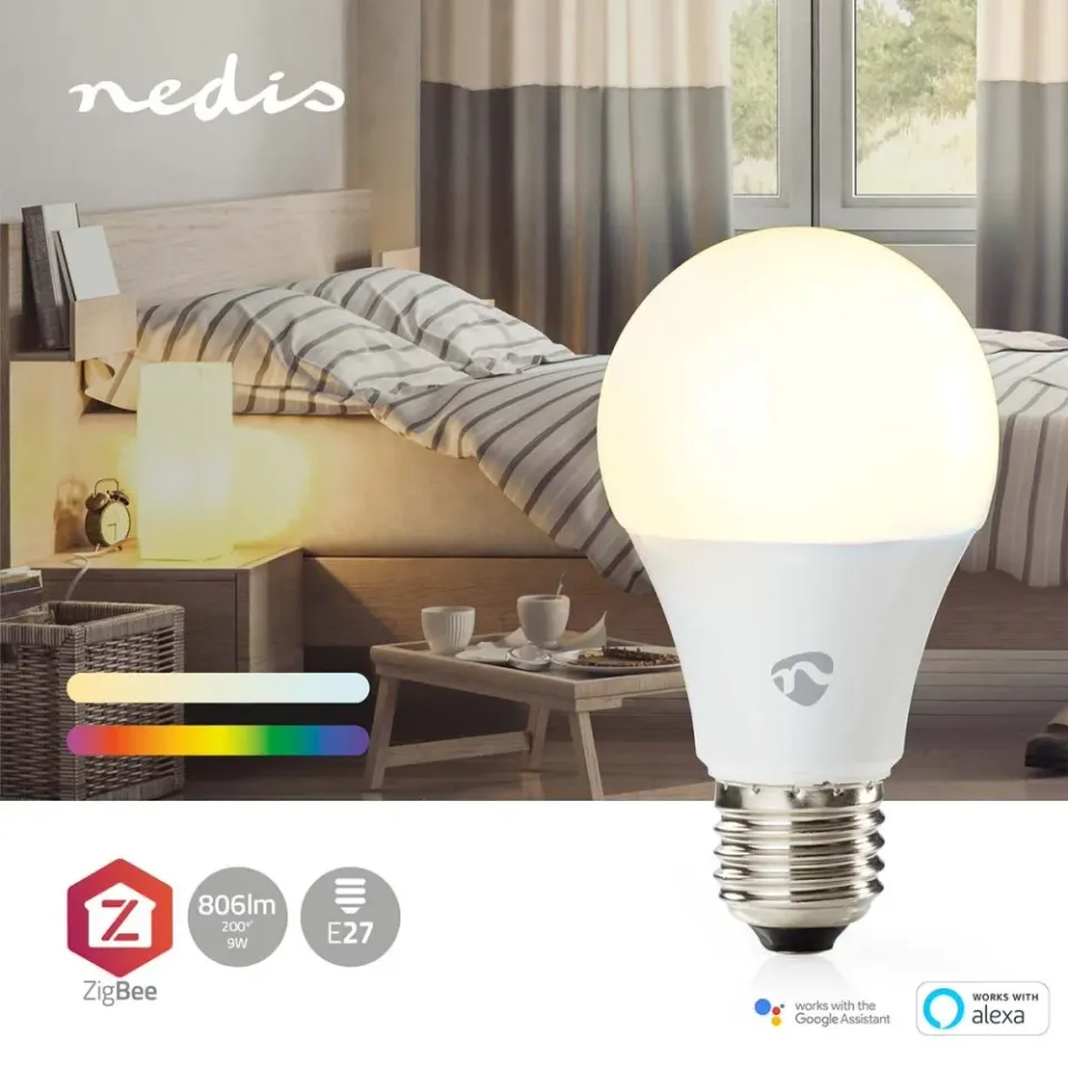 NEDIS chytrá LED žárovka/ Zigbee 3.0/ E27/ A60/ 9W/ 230V/ 470lm/ teplá až studená bíla/ 2700–6500K/ RGB/ stmívatelná
