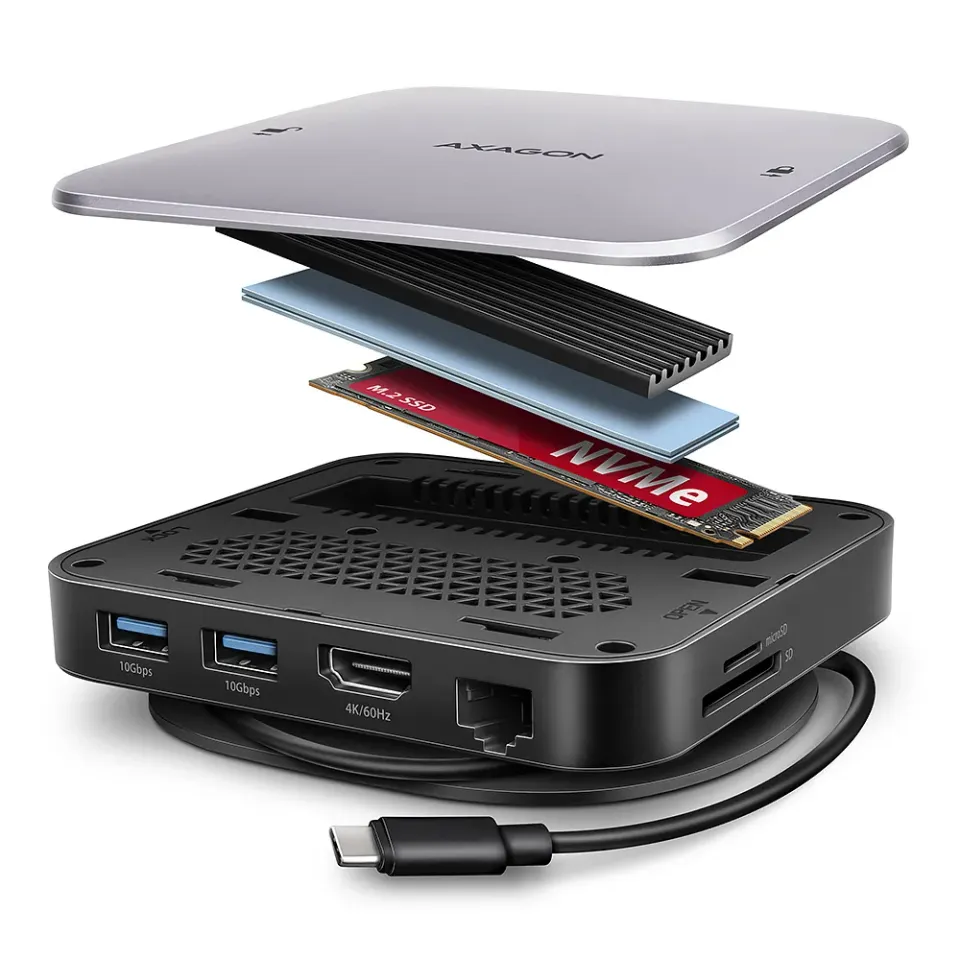 AXAGON HMC-UFO, USB 10Gbps hub, 2x USB-A, USB-C, HDMI 4k/60, RJ-45, M.2 slot, SD