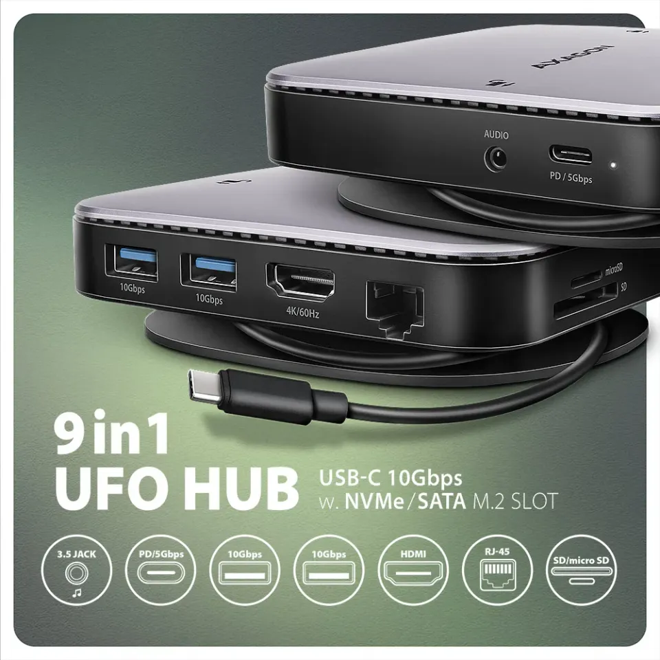 AXAGON HMC-UFO, USB 10Gbps hub, 2x USB-A, USB-C, HDMI 4k/60, RJ-45, M.2 slot, SD