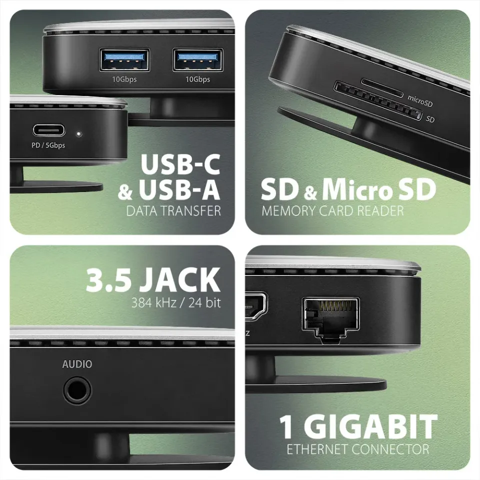 AXAGON HMC-UFO, USB 10Gbps hub, 2x USB-A, USB-C, HDMI 4k/60, RJ-45, M.2 slot, SD