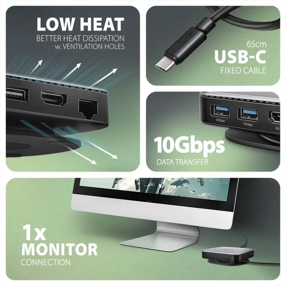 AXAGON HMC-UFO, USB 10Gbps hub, 2x USB-A, USB-C, HDMI 4k/60, RJ-45, M.2 slot, SD