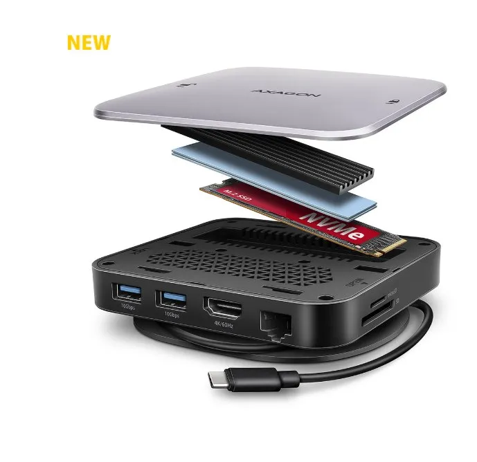 AXAGON HMC-UFO, USB 10Gbps hub, 2x USB-A, USB-C, HDMI 4k/60, RJ-45, M.2 slot, SD