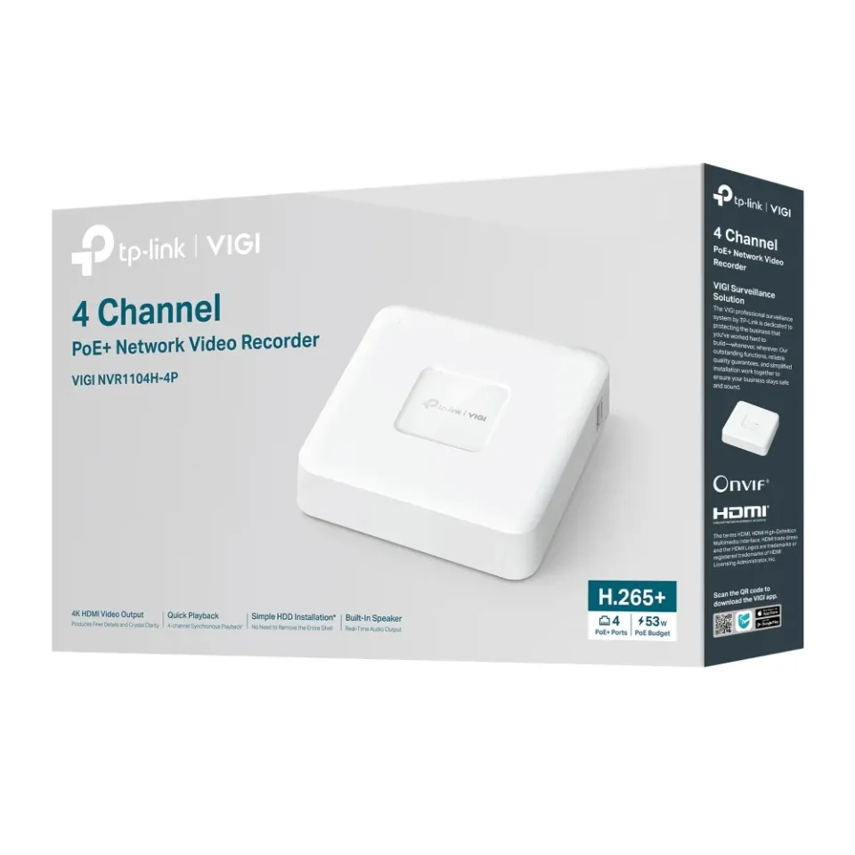 TP-LINK Záznamové zařízení VIGI NVR1104H-4P 4 kanálů, 4x Lan s PoE, 2x USB