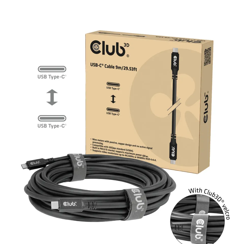 Club3D Kabel USB-C, 60W, 9m, 8k60Hz, 20Gbps, černá
