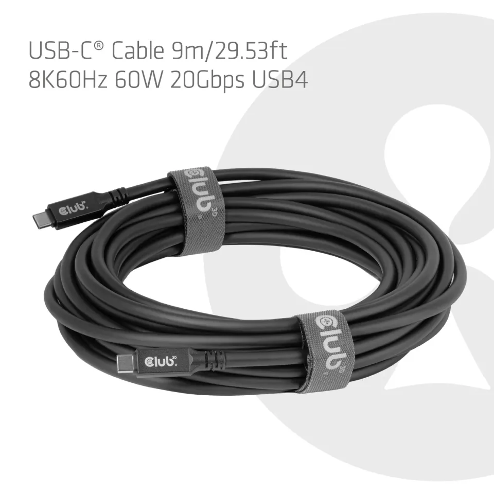 Club3D Kabel USB-C, 60W, 9m, 8k60Hz, 20Gbps, černá