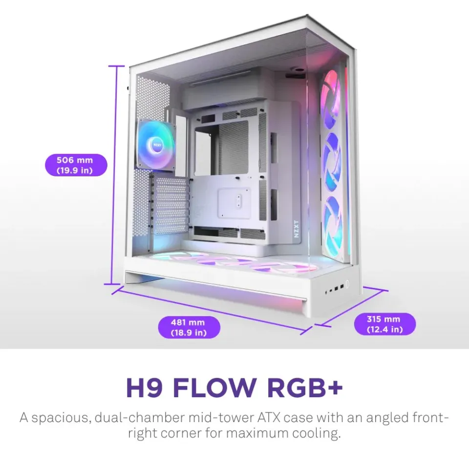 NZXT skříň H9 Flow RGB+ dvoukomorová ATX / 2x140 mm RGB fan / 1x120 RGB fan / prosklená / controller / bílá