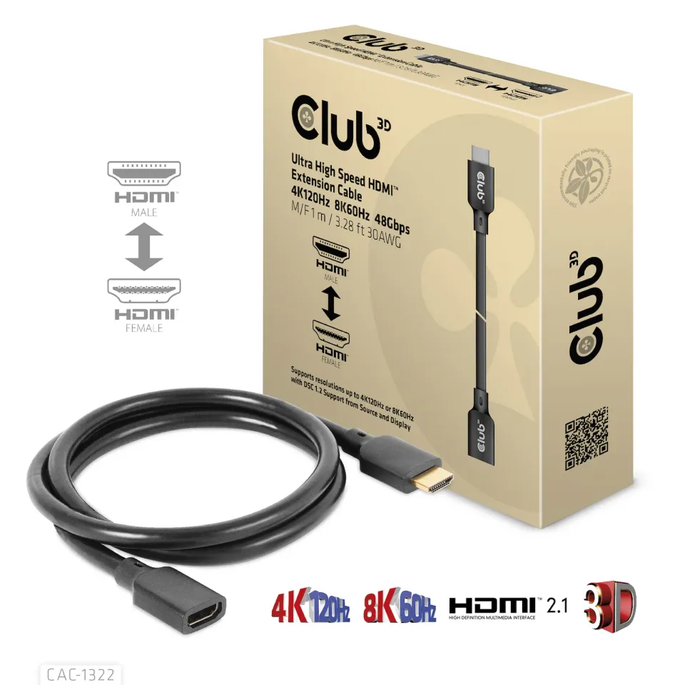 Club3D prodlužovací Ultra rychlý HDMI kabel, 4K120Hz, 8K60Hz, 48Gbps, M/F, 1m, 30 AWG