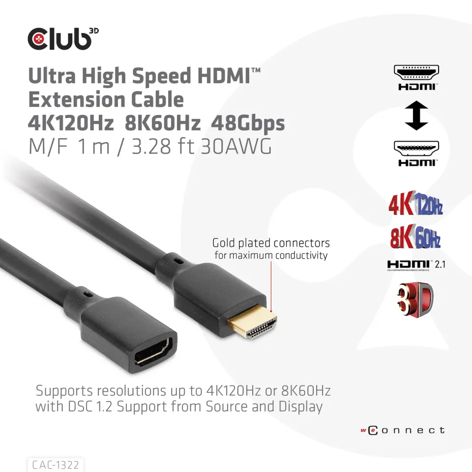 Club3D prodlužovací Ultra rychlý HDMI kabel, 4K120Hz, 8K60Hz, 48Gbps, M/F, 1m, 30 AWG