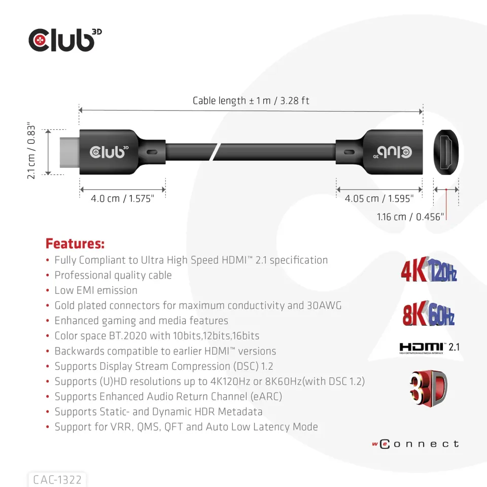 Club3D prodlužovací Ultra rychlý HDMI kabel, 4K120Hz, 8K60Hz, 48Gbps, M/F, 1m, 30 AWG