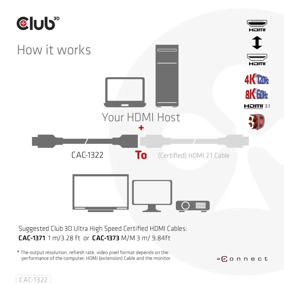 Club3D prodlužovací Ultra rychlý HDMI kabel, 4K120Hz, 8K60Hz, 48Gbps, M/F, 1m, 30 AWG