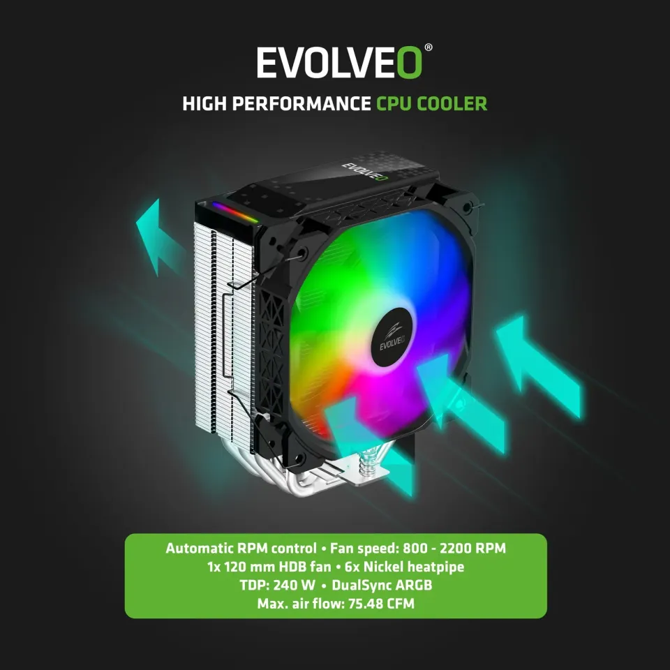 EVOLVEO QuietCool5, CPU chladič, 6x heatpipe, černý