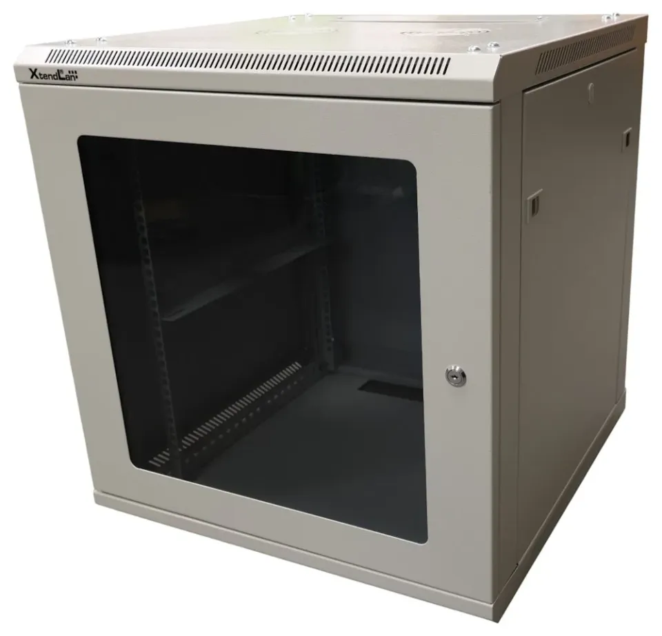 XtendLan 19" nástěnný rozvaděč 15U 600x600, nosnost 60 kg, skleněné kouřové dveře, rozložený, šedý