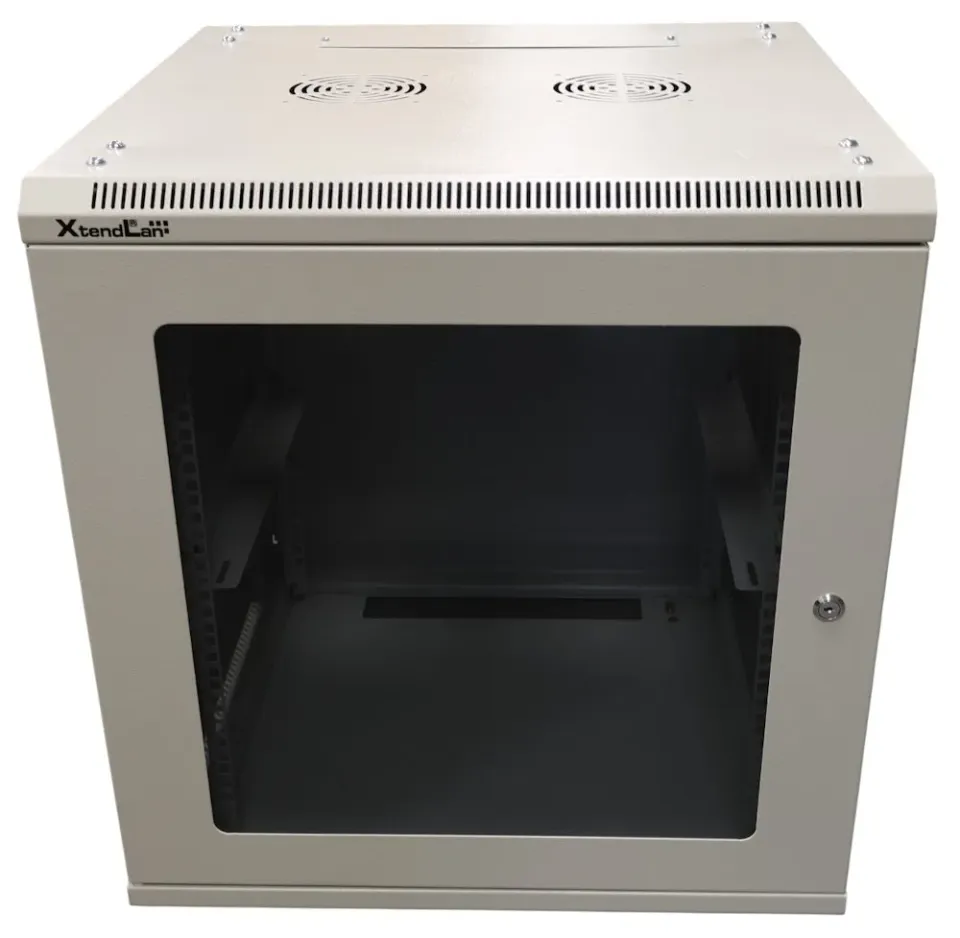 XtendLan 19" nástěnný rozvaděč 15U 600x600, nosnost 60 kg, skleněné kouřové dveře, rozložený, šedý