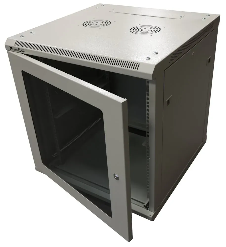 XtendLan 19" nástěnný rozvaděč 15U 600x600, nosnost 60 kg, skleněné kouřové dveře, rozložený, šedý