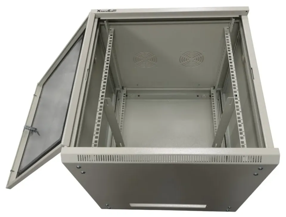 XtendLan 19" nástěnný rozvaděč 15U 600x600, nosnost 60 kg, skleněné kouřové dveře, rozložený, šedý