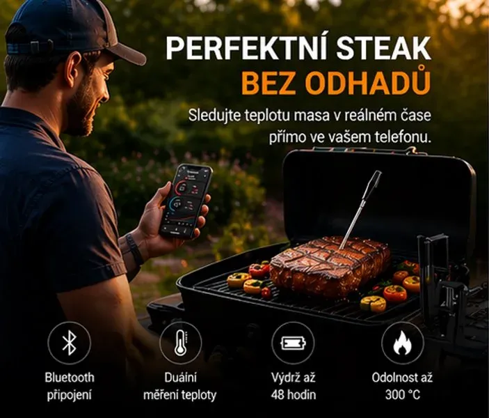 HELMER chytrý bezdrátový kuchyňský teploměr s jednou sondou TM 27/ LCD displej/ –10 až 100 °C/ Bluetooth/ černý