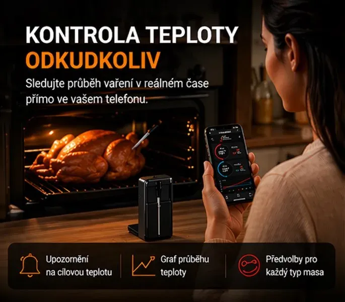 HELMER chytrý bezdrátový kuchyňský teploměr s jednou sondou TM 27/ LCD displej/ –10 až 100 °C/ Bluetooth/ černý
