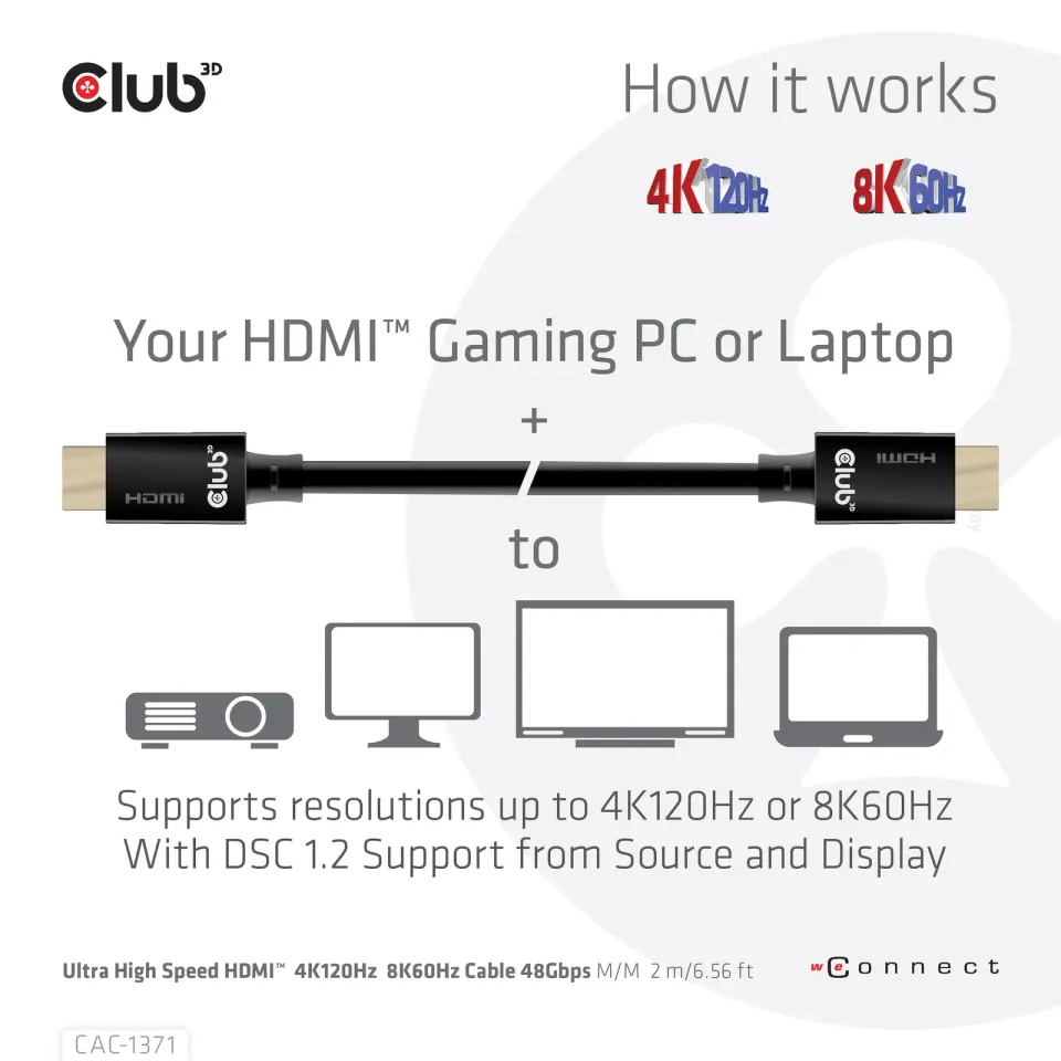 Club3D Kabel Ultra Rychlý HDMI™ Certifikovaný 4K 8K60Hz 48Gbps (M/M), 1m, 30 AWG
