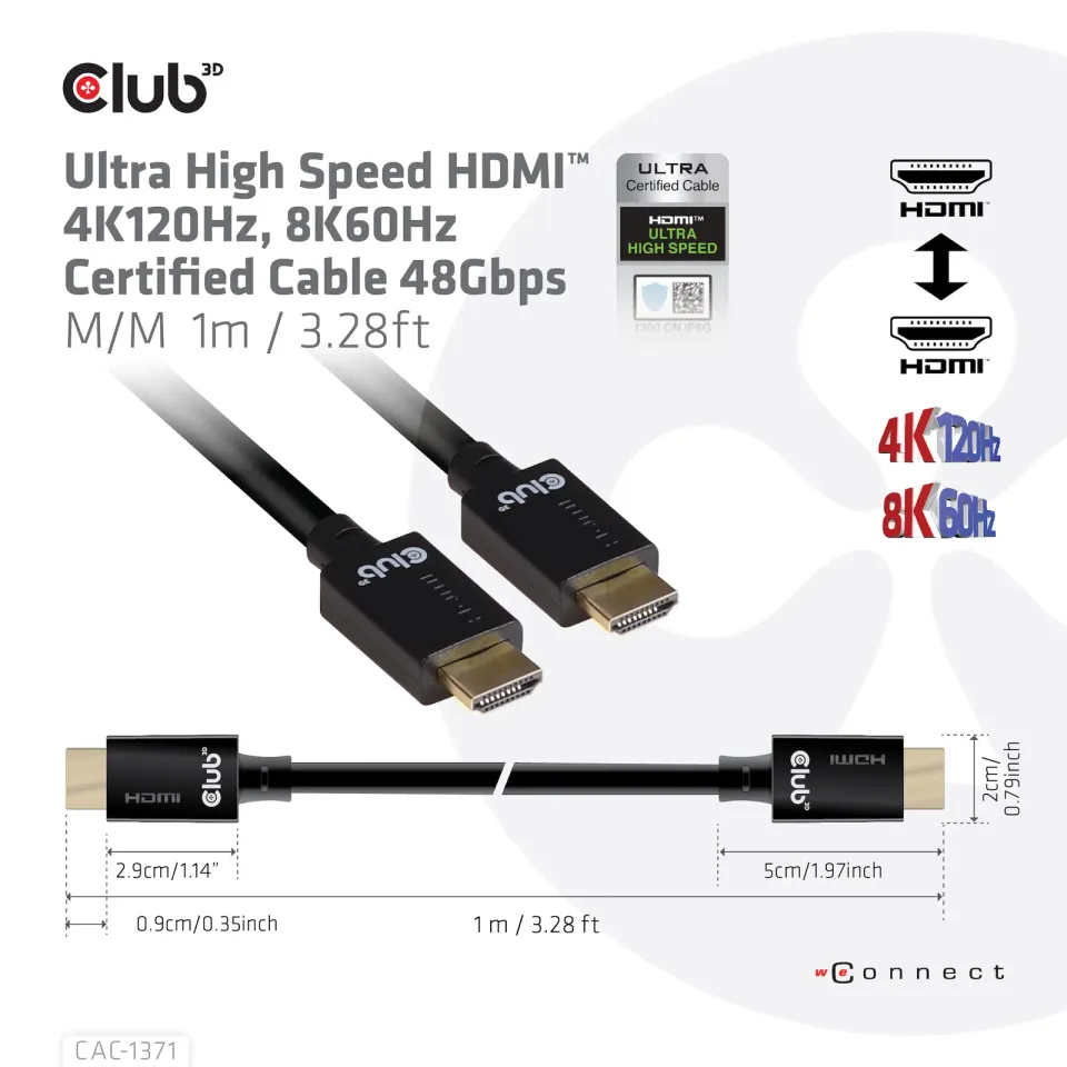 Club3D Kabel Ultra Rychlý HDMI™ Certifikovaný 4K 8K60Hz 48Gbps (M/M), 1m, 30 AWG