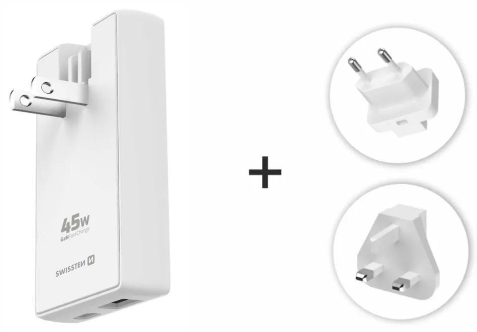 Swissten cestovní adaptér GaN USB-C + USB-A 45w výměnné vidlice (US, EU, UK) bílý