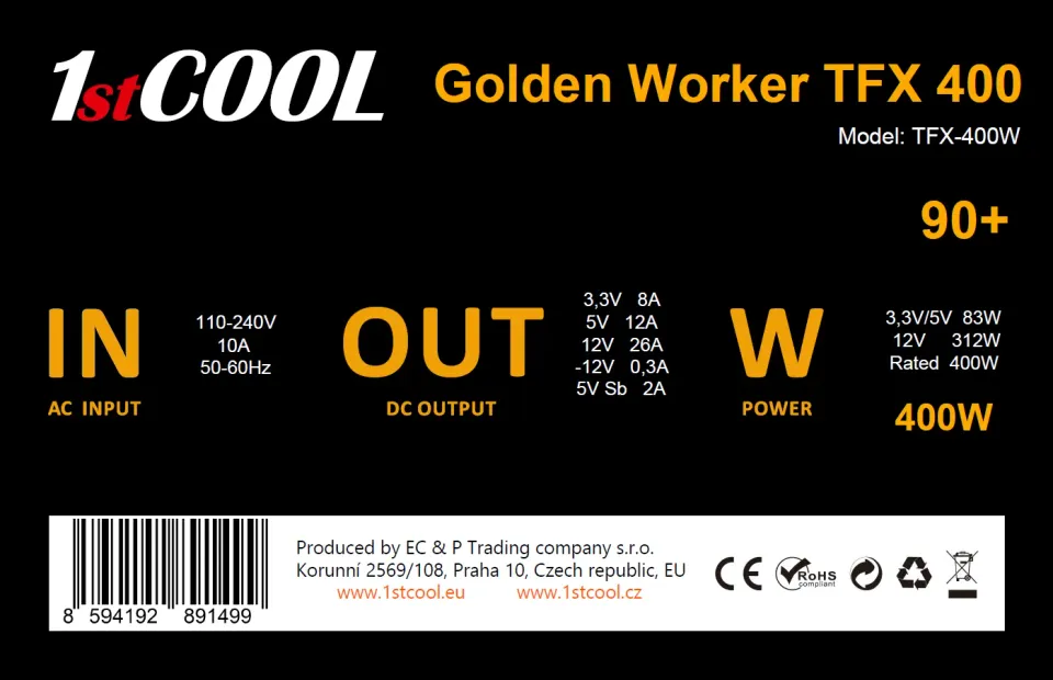 1stCOOL zdroj 400W GOLDEN WORKER TFX 400W 88+ s aktivnim PFC, ventilátor 80mm (zdroj do PC case)