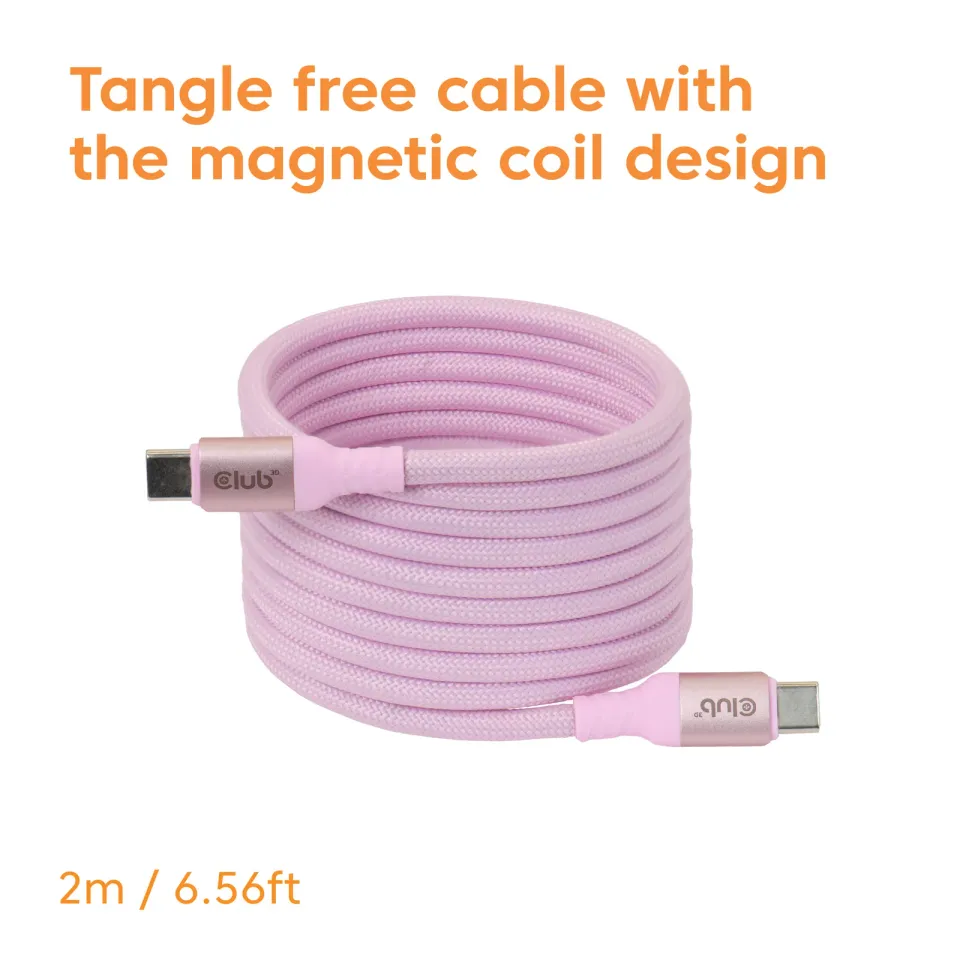 Club3D Kabel magnetický USB-C, 240W PD3.1, 480 Mbps, 2m, růžová