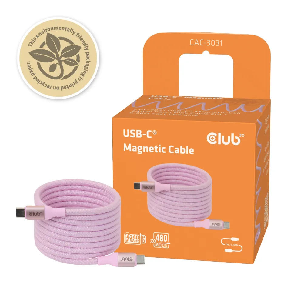 Club3D Kabel magnetický USB-C, 240W PD3.1, 480 Mbps, 2m, růžová