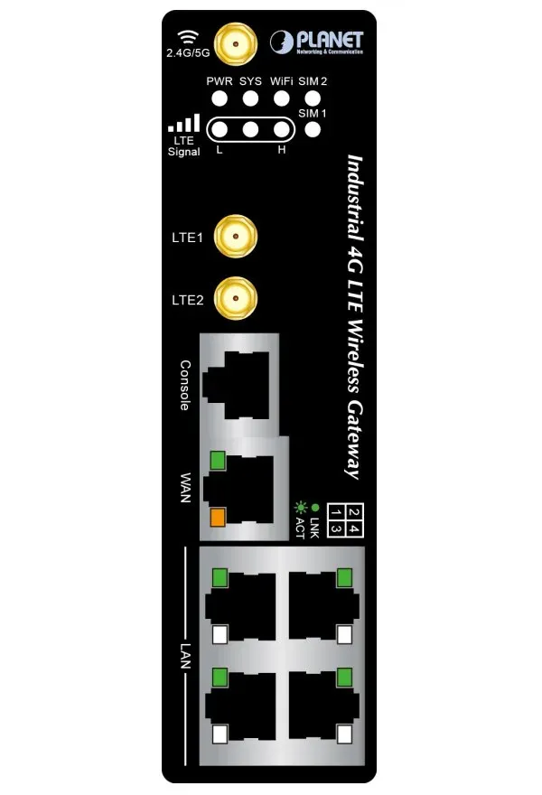 Planet IoT/M2M průmyslová brána, 1xWAN+3xLAN 1Gb, 2xLTE, WiFi ac, 3xCOM, I/O, DIN, IP30, -35/+75C, 9-36VDC